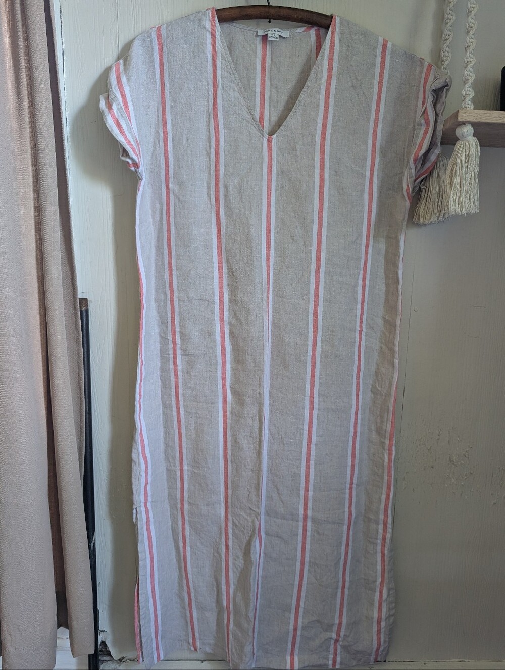 Pure Navy Linen Striped Maxi Dress Side Slits Oatmeal Orange Straight Women's M